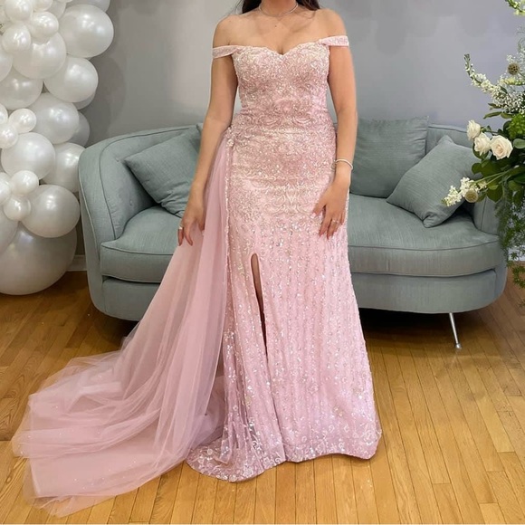 Portia & Scarlett Pink Sequined Long Gown with Side Train - Picture 3 of 5